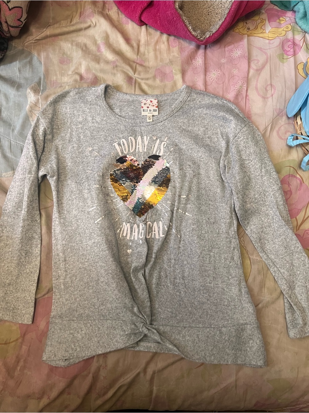 Belle Du Jour Girls' Gray Long Sleeve Tee with Multicolor Sequin Heart